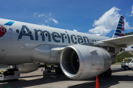 ST. THOMAS, U.S. VIRGIN ISLANDS - APRIL 4, 2022: American Airlines Airbus 319 on tarmac at the Cyril...
