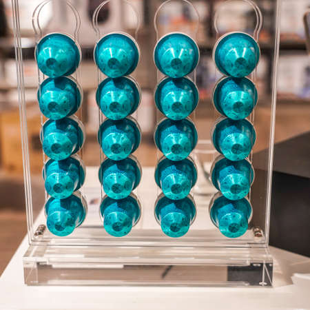 NEW YORK - APRIL 7, 2022: Variety of coffee capsules in Nespresso store in New York. Nespresso is an operating unit of the Nestle Group based in Lausanne, Switzerlandのeditorial素材