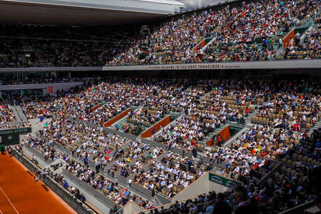 PARIS, FRANCE- MAY 30, 2022: Court Philippe Chatrier at Le Stade Roland Garros during round 4 match at 2022 Roland Garros in Paris, Franceのeditorial素材