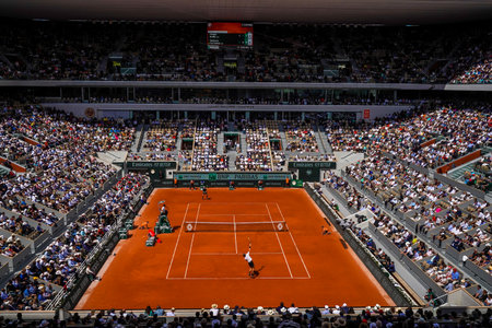 PARIS, FRANCE- MAY 30, 2022: Court Philippe Chatrier at Le Stade Roland Garros during round 4 match at 2022 Roland Garros in Paris, Franceのeditorial素材