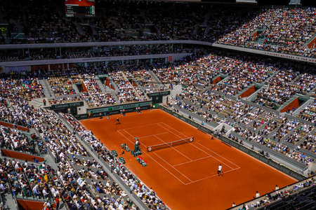 PARIS, FRANCE- MAY 30, 2022: Court Philippe Chatrier at Le Stade Roland Garros during round 4 match at 2022 Roland Garros in Paris, Franceのeditorial素材