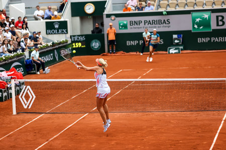 PARIS, FRANCE - JUNE 3, 2022: Tennis player Lyudmyla Kichenok of Ukraine in action during her women's doubles semifinal match with partner Jelena Ostapenko at 2022 Roland Garrosのeditorial素材