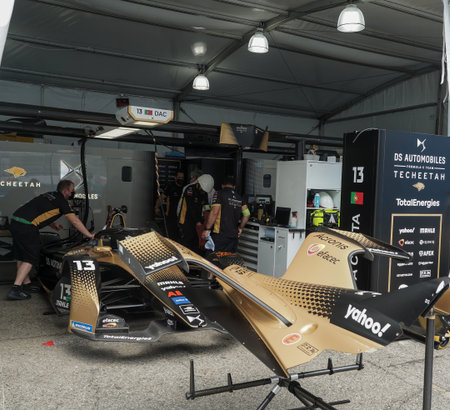 NEW YORK - JULY 10, 2021: DS TECHEETAH Team prepare racing car 13 for professional racing driver...