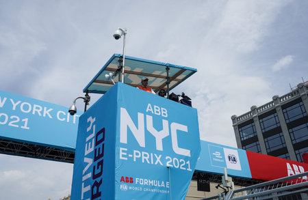 NEW YORK - JULY 10, 2021: Track control tower prepared for race 10 of ABB Formula E World Championship 2021 New York E-Prix in Red Hook, Brooklynのeditorial素材