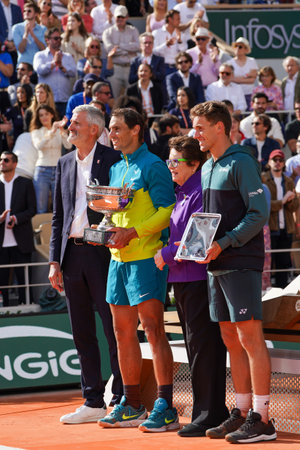 PARIS, FRANCE - JUNE 5, 2022: 2022 Roland Garros Champion Rafael Nadal of Spain (L) and Casper Ruud of Norway during trophy presentation after men's singles finalのeditorial素材