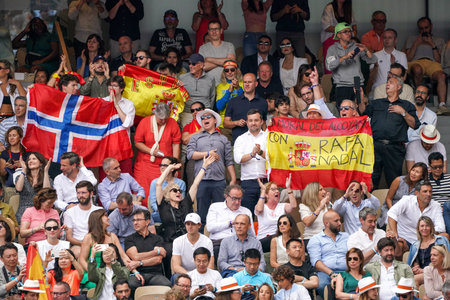 PARIS, FRANCE - JUNE 5, 2022: Spanish tennis fan supports Grand Slam champion Rafael Nadal of Spain...