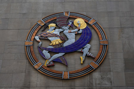 NEW YORK - SEPTEMBER 13, 2022: Large metal and enamel plaque signifying dance by Hildreth Meiere on New York City landmark, Radio City Music Hall in Rockefeller Centerのeditorial素材
