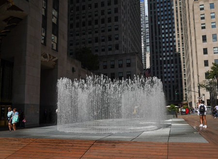 NEW YORK - SEPTEMBER 13, 2022: Art installation, "Changing Spaces" by Jeppe Hein in front of Rockefeller Center in Midtown Manhattanのeditorial素材