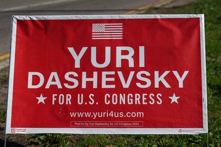 BROOKLYN, NEW YORK - OCTOBER 27, 2022: Yuri Dashevsky for U.S. Congress election sign are seen in...