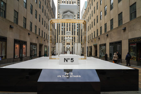 NEW YORK - NOVEMBER 11, 2021: N5 IN THE STARS presentation celebrates 100 years of an icon Chanel Number 5 perfume in Rockefeller Center in Manhattanのeditorial素材