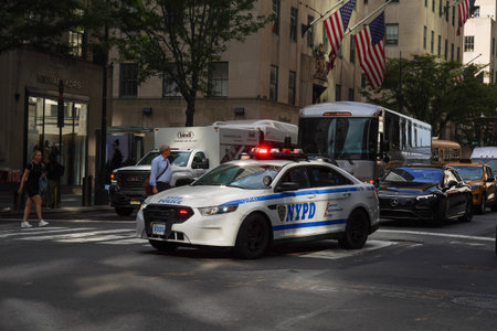 NEW YORK - SEPTEMBER 13, 2022: NYPD car providing security in Midtown Manhattan. New York Police...