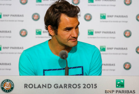 PARIS, FRANCE - MAY 27, 2015: Seventeen times Grand Slam champion Roger Federer during press conference after second round match at Roland Garros 2015 in Paris, Franceのeditorial素材