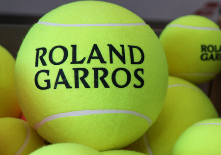 PARIS, FRANCE - MAY 28, 2015: Babolat Roland Garros tennis ball at Le Stade Roland Garros in Paris, France. Babolat is an Official Partner of the tournamentのeditorial素材
