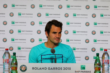 PARIS, FRANCE - MAY 27, 2015: Seventeen times Grand Slam champion Roger Federer during press conference after second round match at Roland Garros 2015 in Paris, Franceのeditorial素材