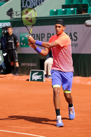 PARIS, FRANCE - MAY 30, 2015: Professional tennis player Nick Kyrgios of Australia in action during his third round match at Roland Garros 2015 in Paris, Franceのeditorial素材