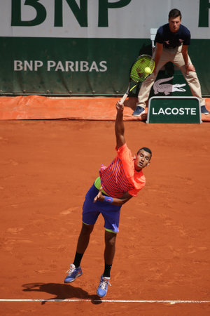 PARIS, FRANCE - MAY 30, 2015: Professional tennis player Nick Kyrgios of Australia in action during his third round match at Roland Garros 2015 in Paris, Franceのeditorial素材