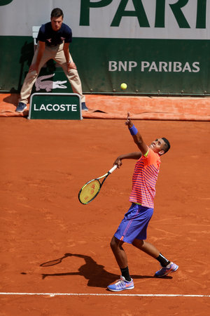 PARIS, FRANCE - MAY 30, 2015: Professional tennis player Nick Kyrgios of Australia in action during his third round match at Roland Garros 2015 in Paris, Franceのeditorial素材