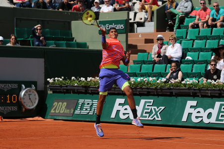 PARIS, FRANCE - MAY 30, 2015: Professional tennis player Nick Kyrgios of Australia in action during his third round match at Roland Garros 2015 in Paris, Franceのeditorial素材