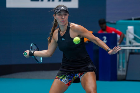 MIAMI GARDENS, FLORIDA - MARCH 30, 2022: Professional tennis player Jessica Pegula of USA in action during Miami Open 2022 quarter-final match at the Hard Rock Stadium in Miamiのeditorial素材
