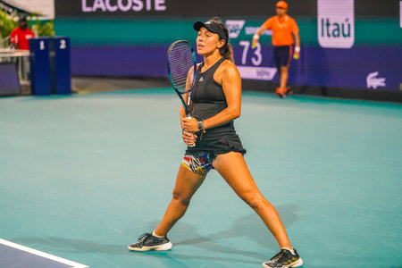 MIAMI GARDENS, FLORIDA - MARCH 31, 2022: Professional tennis player Jessica Pegula of USA in action during Miami Open 2022 semi-final match at the Hard Rock Stadium in Miami Gardenのeditorial素材