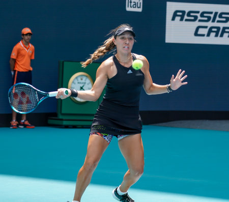 MIAMI GARDENS, FLORIDA - MARCH 30, 2022: Professional tennis player Jessica Pegula of USA in action during Miami Open 2022 quarter-final match at the Hard Rock Stadium in Miamiのeditorial素材