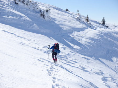 The man in snowshoes and with trekking poles is in the mountains.の写真素材