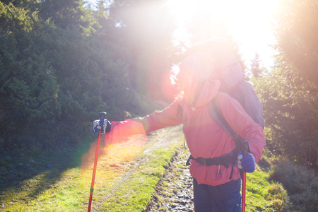 A woman walks down a forest path on a Sunny day.の写真素材