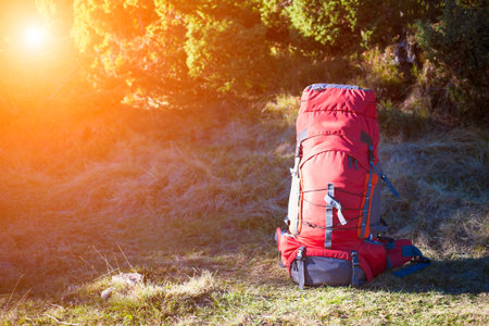 A large red backpack on the grass.