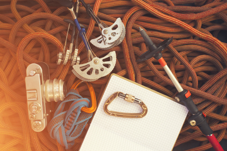 The camera and gear for your adventure is on the rope.の写真素材