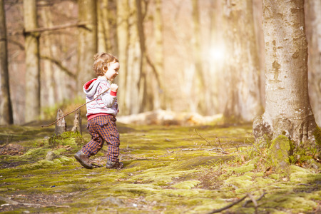 Little boy playing in the woods on a Sunny day.の写真素材