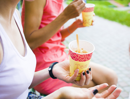 Two girls having fun in Park during holiday.の写真素材