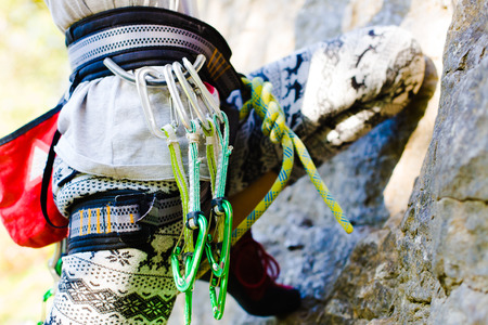 Equipment for activity climbing weighs on a safety system. close-up images.
の写真素材