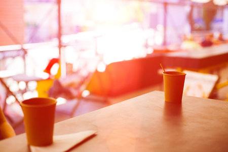 table with mugs standing on the table, coffee in the morning.の写真素材