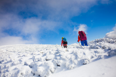 tourists walk in the snow in the mountains during the winter holidays in the mountains, winter in the Ukrainian Carpathians.
の写真素材