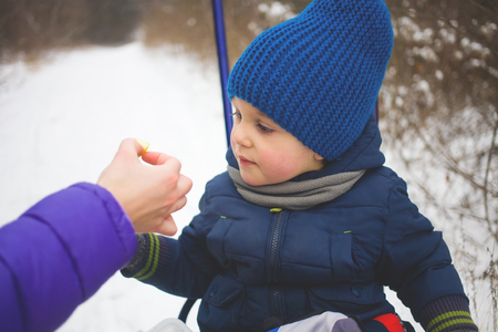 the little boy in the blue knit cap sitting on a sled, and eating an apple from mother's hands.の写真素材