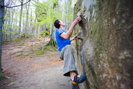 class bowdoinham on the rocks in the forest, active lifestyle.の写真素材