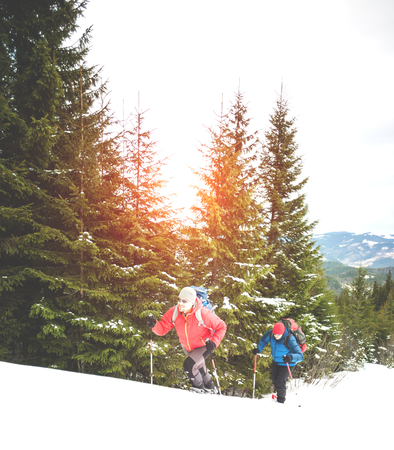 Two climbers are climbing mountains in winter, men with backpacks and Hiking sticks are on the snow on background of forest and sky with cloud.の写真素材
