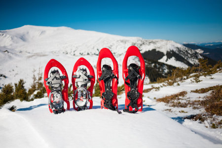 Snowshoes standing in the snow against the background of snow and mountains. Winter walks with forests and mountains.の写真素材
