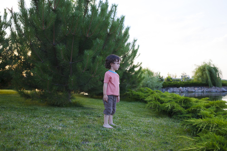 The child is standing on the green grass near the trees.の写真素材