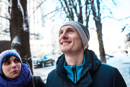 Friends for a walk. Lovers go around the city together. Couple spending time together.