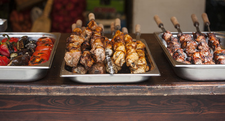 Meat on skewers. Street food. Fried pork. Eastern cuisine. Meat dish. Grilled lamb.の写真素材