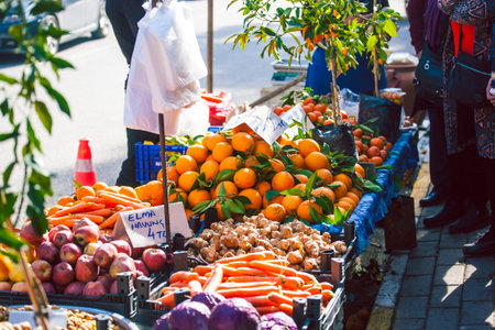 Turkish bazaar. Eastern market. Counter with vegetables and fruits.