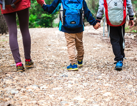 A woman with two children goes through the forest. The boy walks in the park with his mother and brother. Family holiday. Brunette with a backpack travels with children. Mom holds sons hands.の写真素材