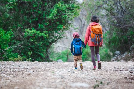 A woman walks with her son through the forest. The boy with his mother go hiking. A child with a...
