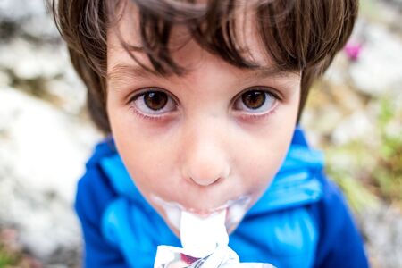 The child is eating ice cream. The boy got dirty with ice cream. Close-up portrait of a cute boy.の写真素材