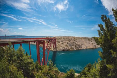 Red Bridge over the canyon in Croatia. View from the bridge to the canyon in the Krka National Park. Maslenicki most in Croatia.の写真素材