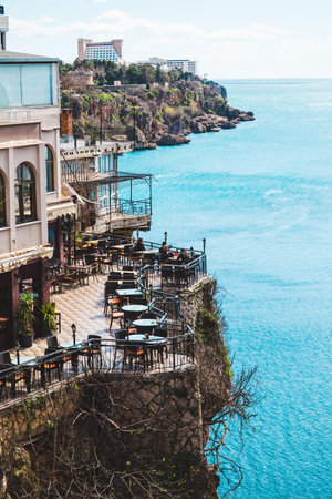 Antalya, Turkey. March 3, 2019. Cafe on the rock. Restaurant on the Mediterranean coast. Restaurant...