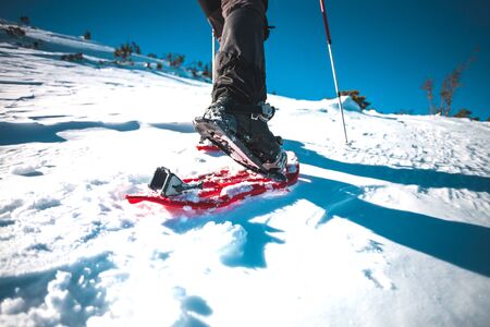A man in snowshoes. Equipment for winter hiking in the mountains. Feet on the snow close-up. Active lifestyle. Journey in the mountains in winter. Extreme vacation in nature.の写真素材
