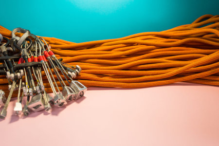 climbing equipment folded on an orange rope. modern equipment for climbing in the mountains....