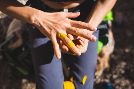 Rock climber bandages his fingers with a bandage, Hand protection from damage, yellow protection...
